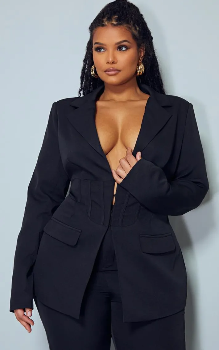 Plus Black Corset Waist Detail Blazer