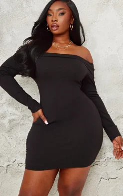Plus Black Cotton Fold Over Bardot Mini Dress