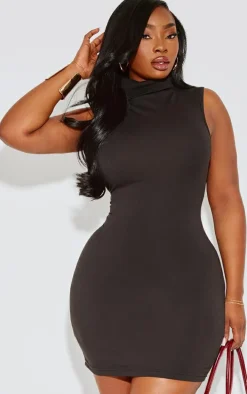Plus Black Cotton High Roll Neck Mini Dress