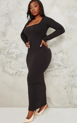 Plus Black Cotton Square Neck Maxi Dress