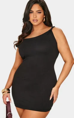 Plus Black Cotton Twist Shoulder Mini Dress