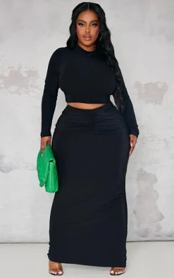 Plus Black Crew Neck Slinky Long Sleeve Top