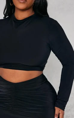 Plus Black Crew Neck Slinky Long Sleeve Top