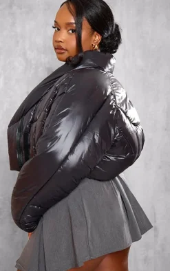 Plus Black Cropped Oversized Collar Detail Puffer Jacket