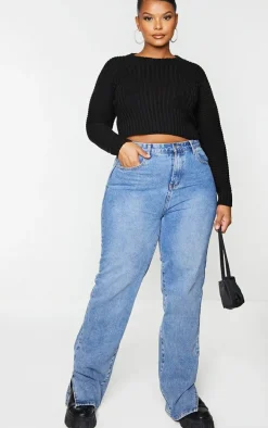 Plus Black Cropped Rib Knit Sweater