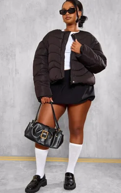 Plus Black Cropped Round Neck Puffer Jacket