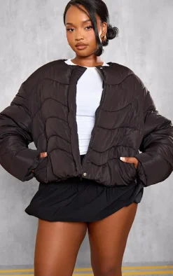 Plus Black Cropped Round Neck Puffer Jacket
