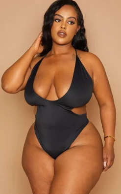 Plus Black Cross Front Cut Out Swimsuit