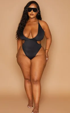 Plus Black Cross Front Cut Out Swimsuit