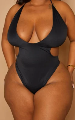 Plus Black Cross Front Cut Out Swimsuit