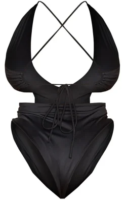 Plus Black Cross Front Cut Out Swimsuit