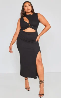 Plus Black Cut Out Front Bodycon Midi Dress