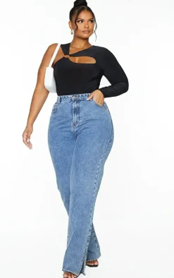 Plus Black Cut Out Ring Detail Long Sleeve Bodysuit