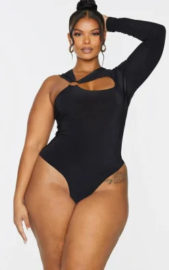 Plus Black Cut Out Ring Detail Long Sleeve Bodysuit