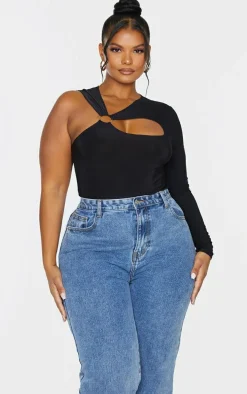 Plus Black Cut Out Ring Detail Long Sleeve Bodysuit