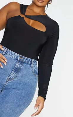 Plus Black Cut Out Ring Detail Long Sleeve Bodysuit