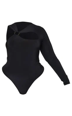 Plus Black Cut Out Ring Detail Long Sleeve Bodysuit
