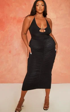 Plus Black Cut Out Ruched Midi Dress