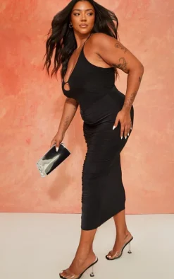Plus Black Cut Out Ruched Midi Dress