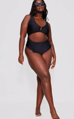 Plus Black Cut Out Trim Detail Swimsuit