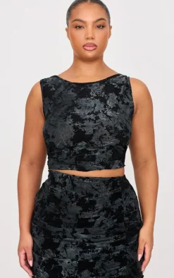 Plus Black Devore Detail Sleeveless Long Top