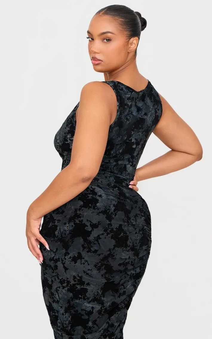 Plus Black Devore Detail Sleeveless Long Top