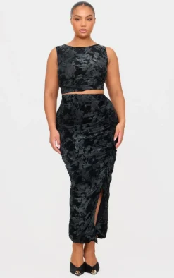 Plus Black Devore Detail Sleeveless Long Top