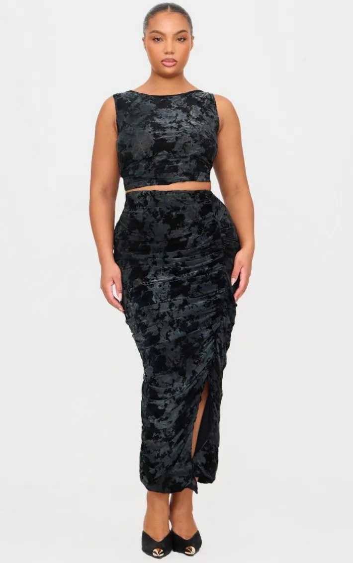 Plus Black Devore Detail Sleeveless Long Top