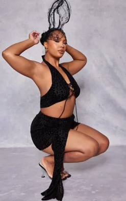 Plus Black Devore Drape Front Mini Skirt