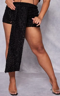 Plus Black Devore Drape Front Mini Skirt