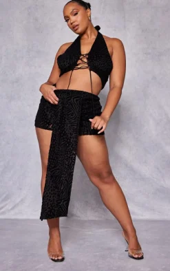 Plus Black Devore Drape Front Mini Skirt