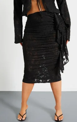 Plus Black Devore Drape Ruched Midi Skirt