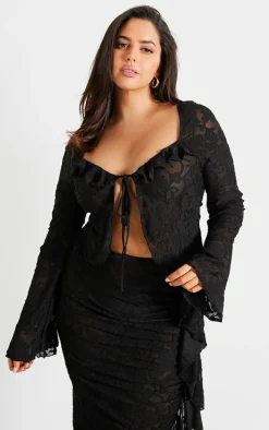 Plus Black Devore Drape Ruched Midi Skirt