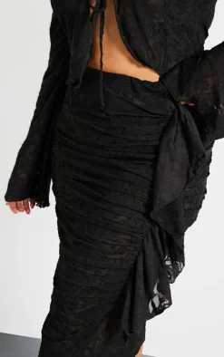 Plus Black Devore Drape Ruched Midi Skirt