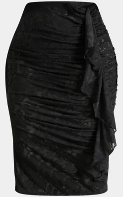 Plus Black Devore Drape Ruched Midi Skirt