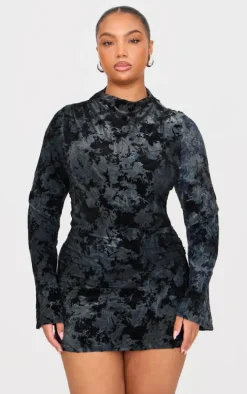 Plus Black Devore Flute Sleeve Mini Dress