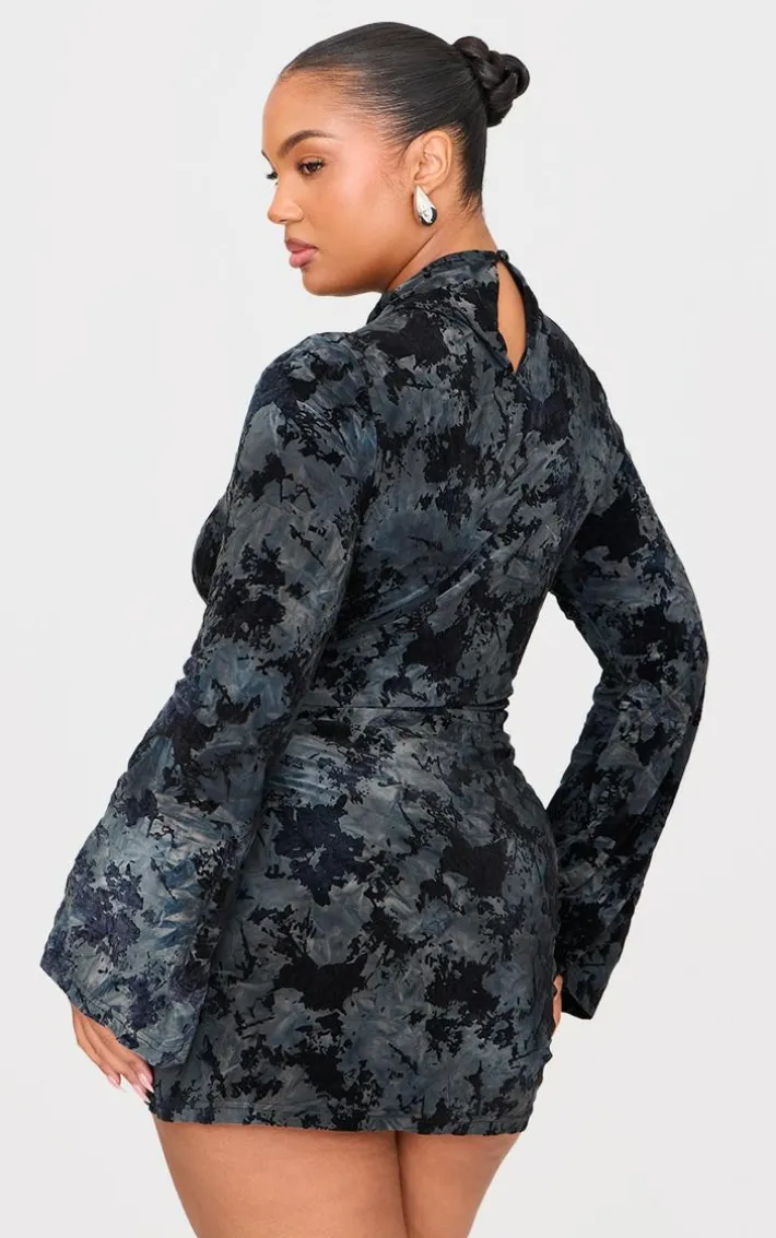 Plus Black Devore Flute Sleeve Mini Dress