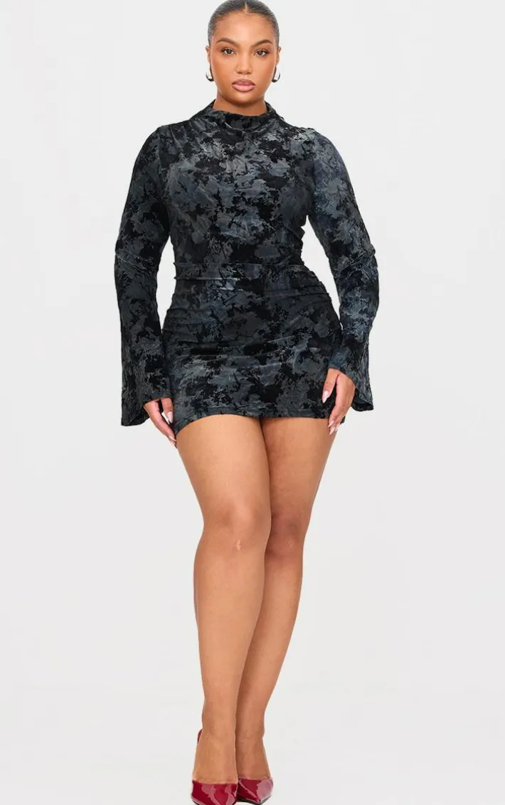 Plus Black Devore Flute Sleeve Mini Dress