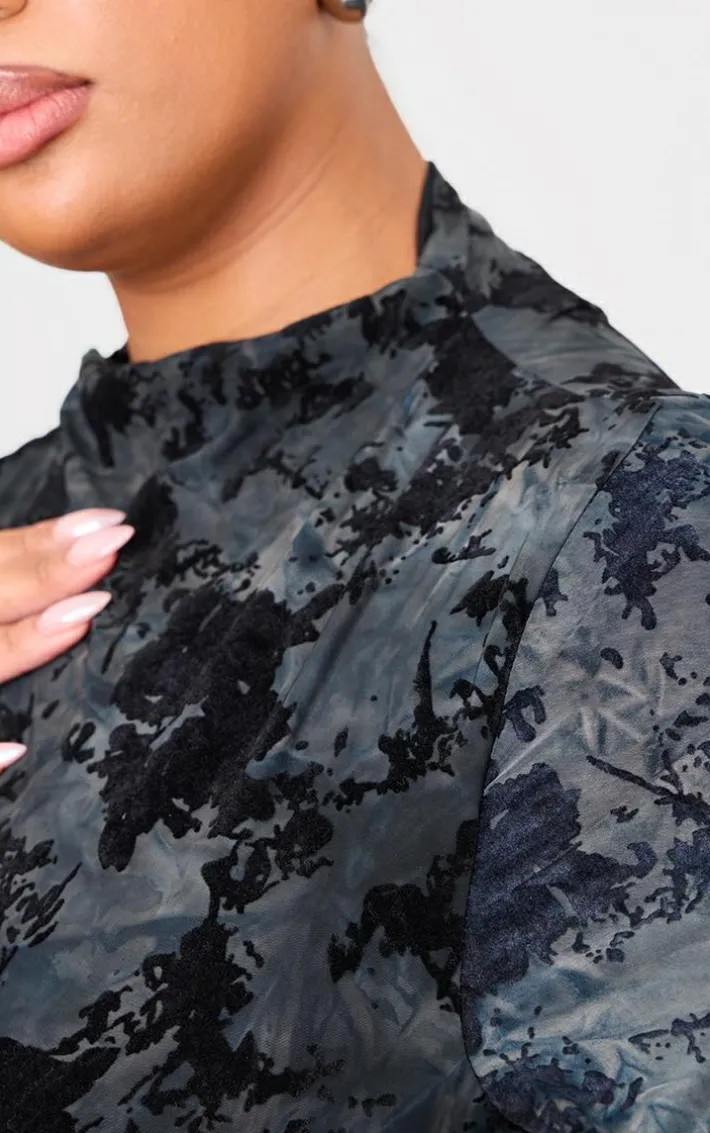 Plus Black Devore Flute Sleeve Mini Dress