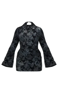 Plus Black Devore Flute Sleeve Mini Dress