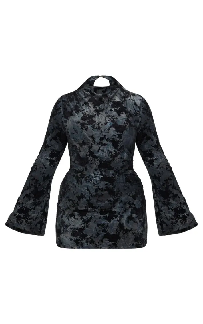 Plus Black Devore Flute Sleeve Mini Dress