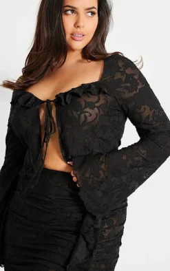 Plus Black Devore Frilled Tie Crop Top