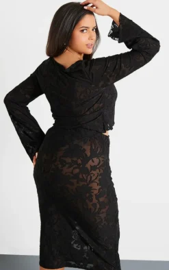 Plus Black Devore Frilled Tie Crop Top