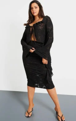 Plus Black Devore Frilled Tie Crop Top