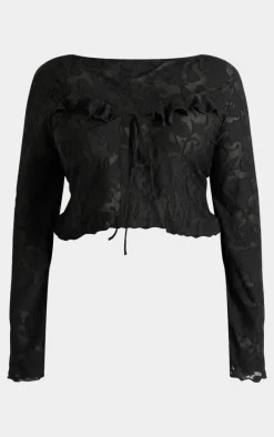 Plus Black Devore Frilled Tie Crop Top