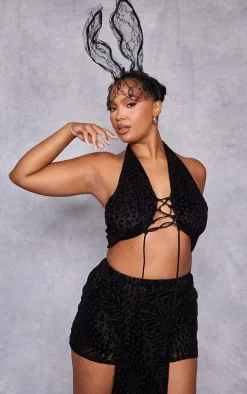 Plus Black Devore Lace Up Top