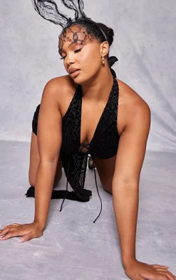 Plus Black Devore Lace Up Top