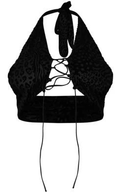 Plus Black Devore Lace Up Top