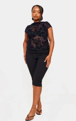 Plus Black Devore Longline Fitted T Shirt