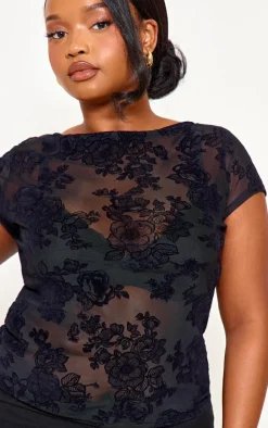 Plus Black Devore Longline Fitted T Shirt